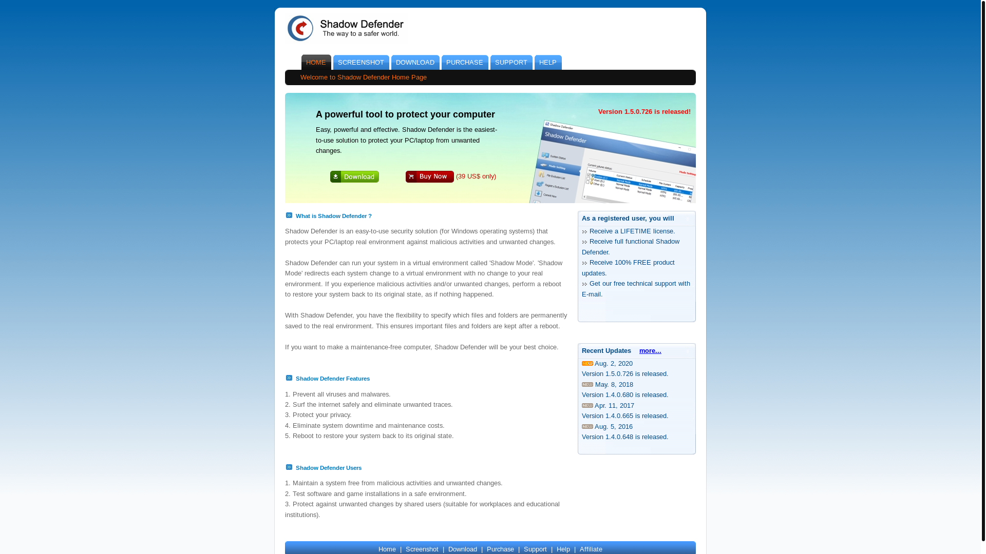 website screenshot of http://www.shadowdefender.com/
