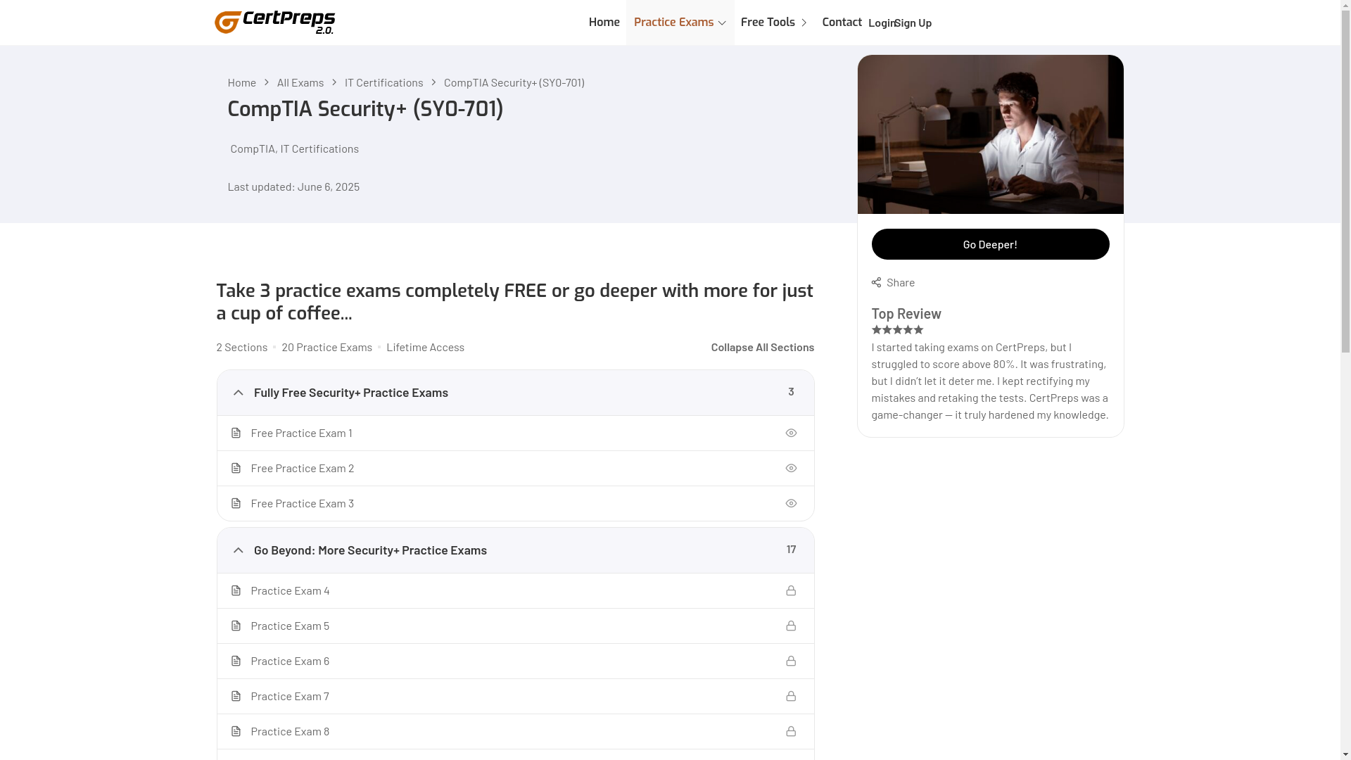 website screenshot of https://certpreps.com/exams/secplus/
