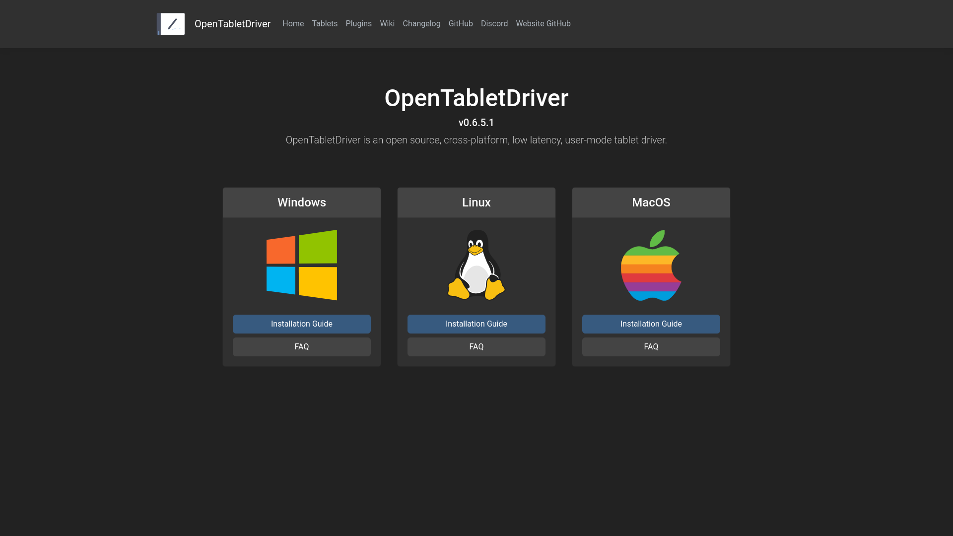 website screenshot of https://opentabletdriver.net/