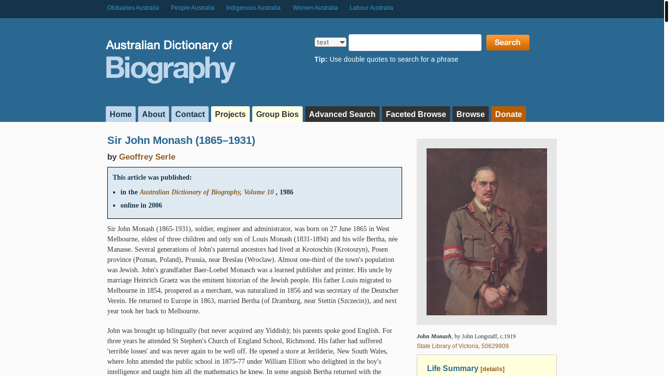 website screenshot of https://adb.anu.edu.au/biography/monash-sir-john-7618