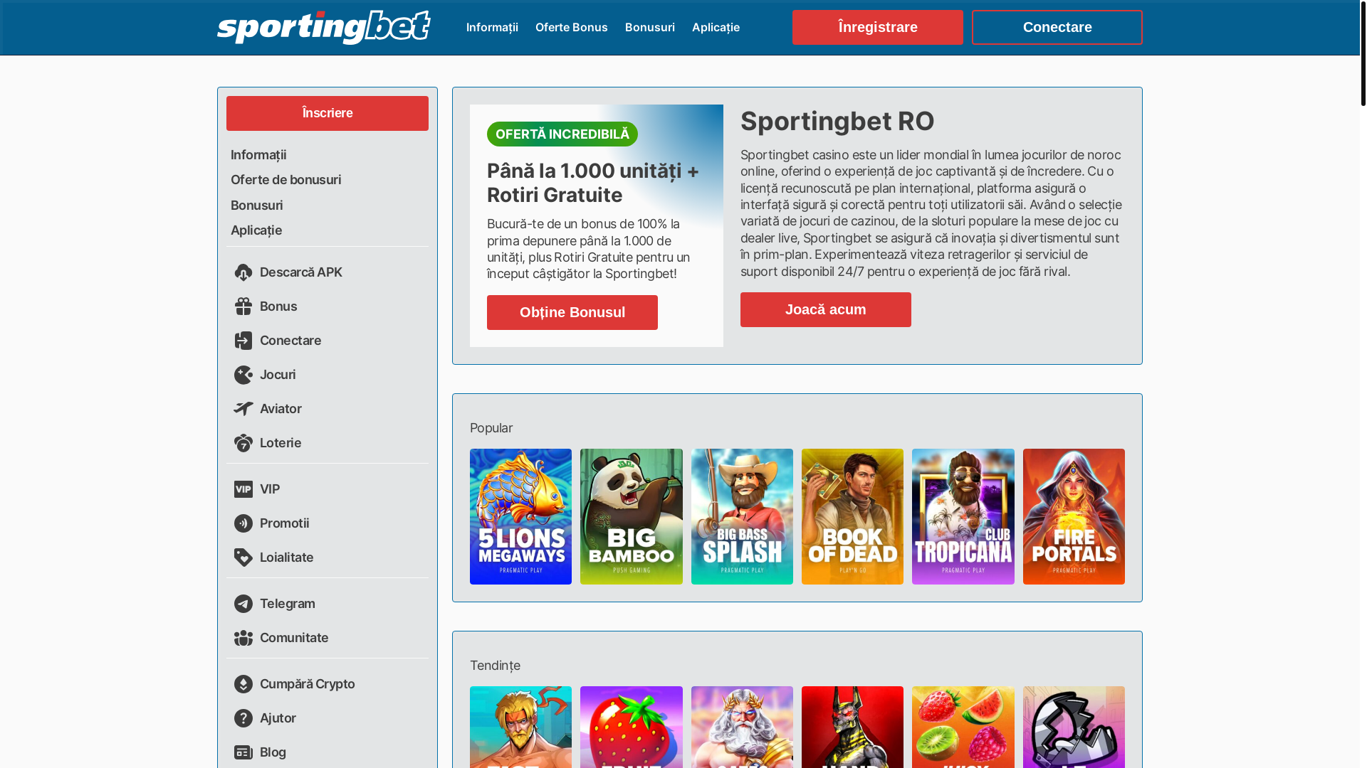 website screenshot of https://sportingbetromania.com/