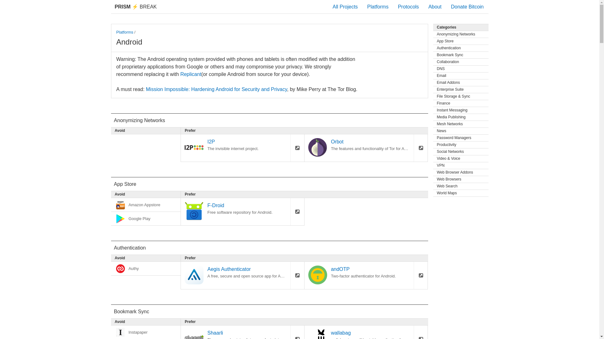 website screenshot of https://prism-break.org/en/categories/android