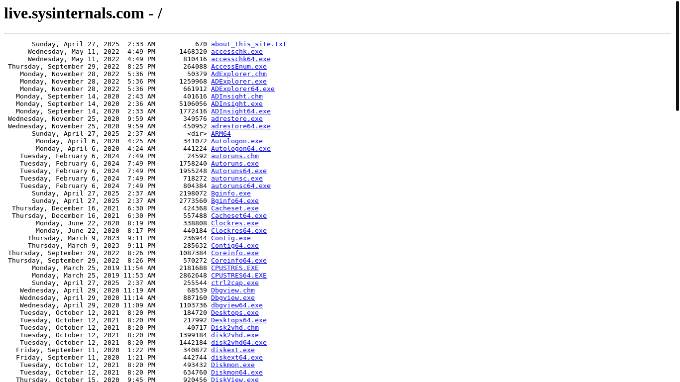 website screenshot of https://live.sysinternals.com/