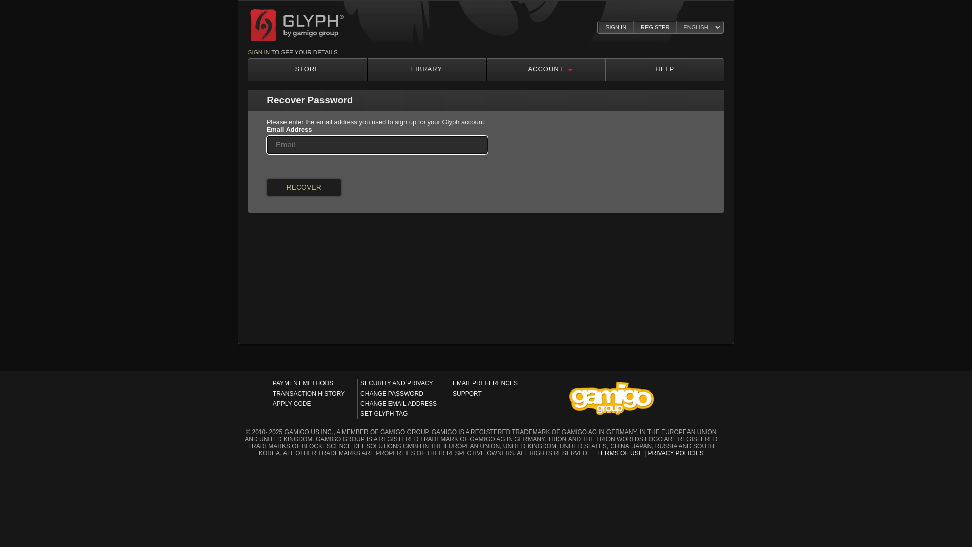website screenshot of https://glyph.trionworlds.com/account/forgot-password-flow.action