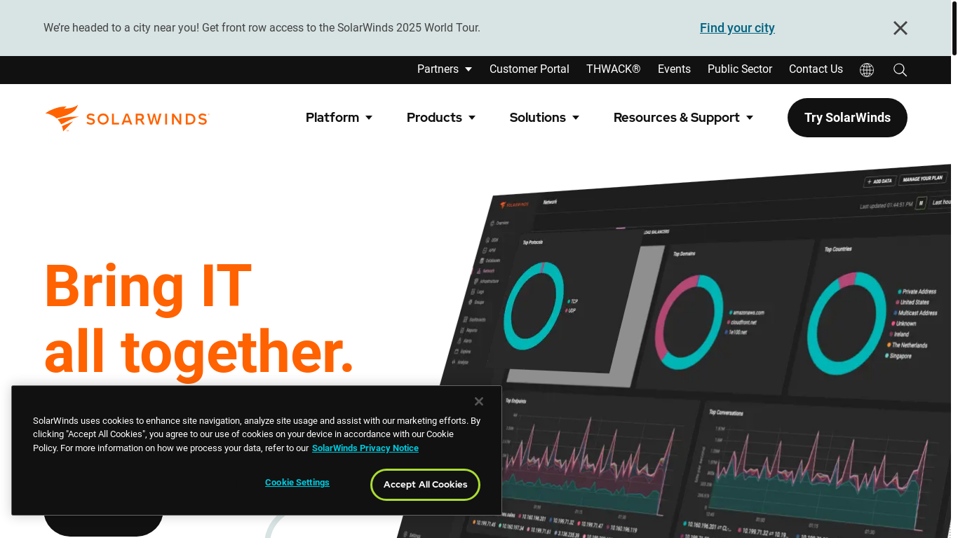 website screenshot of https://solarwinds.com/