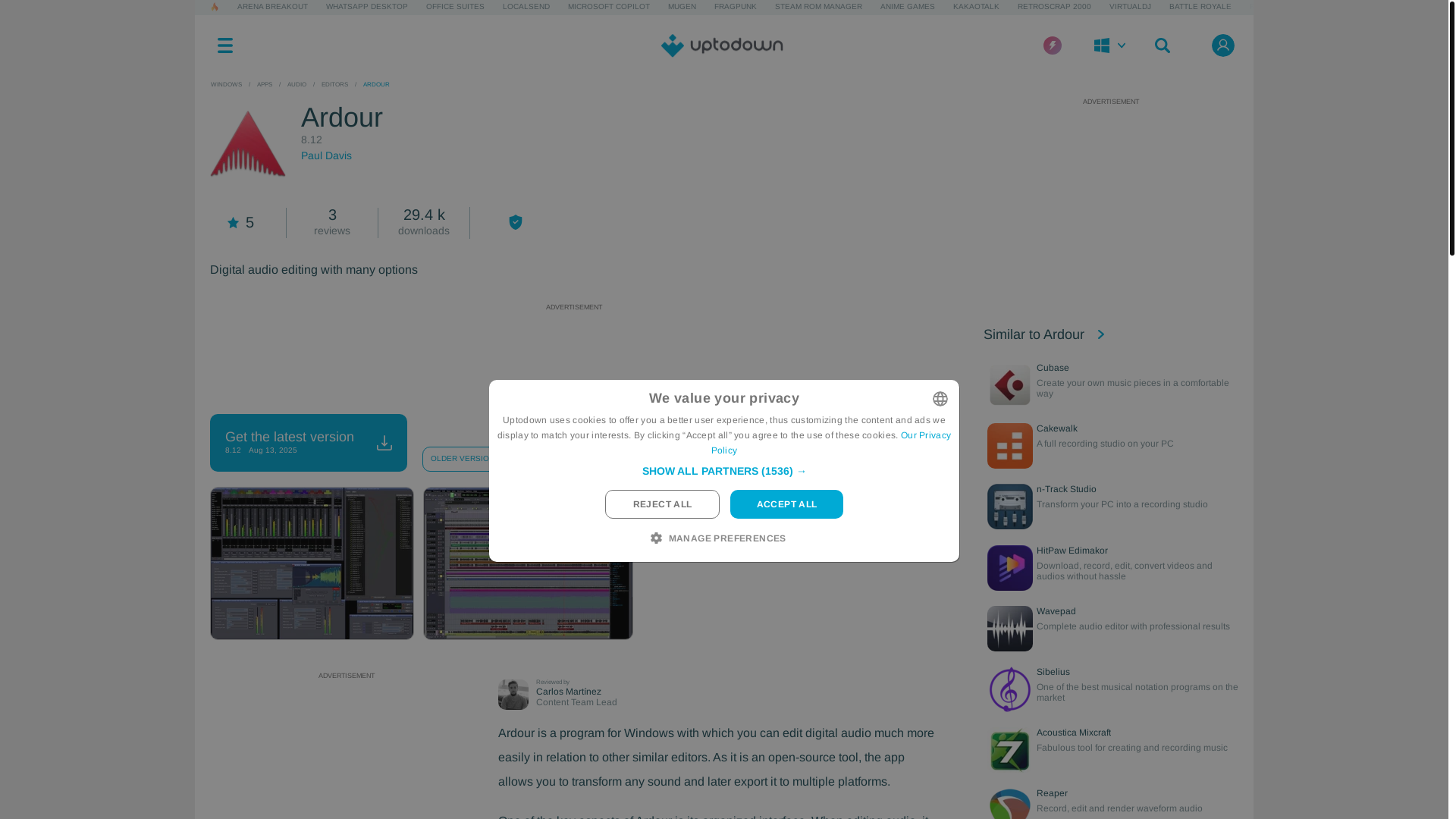 website screenshot of https://ardour.en.uptodown.com/windows
