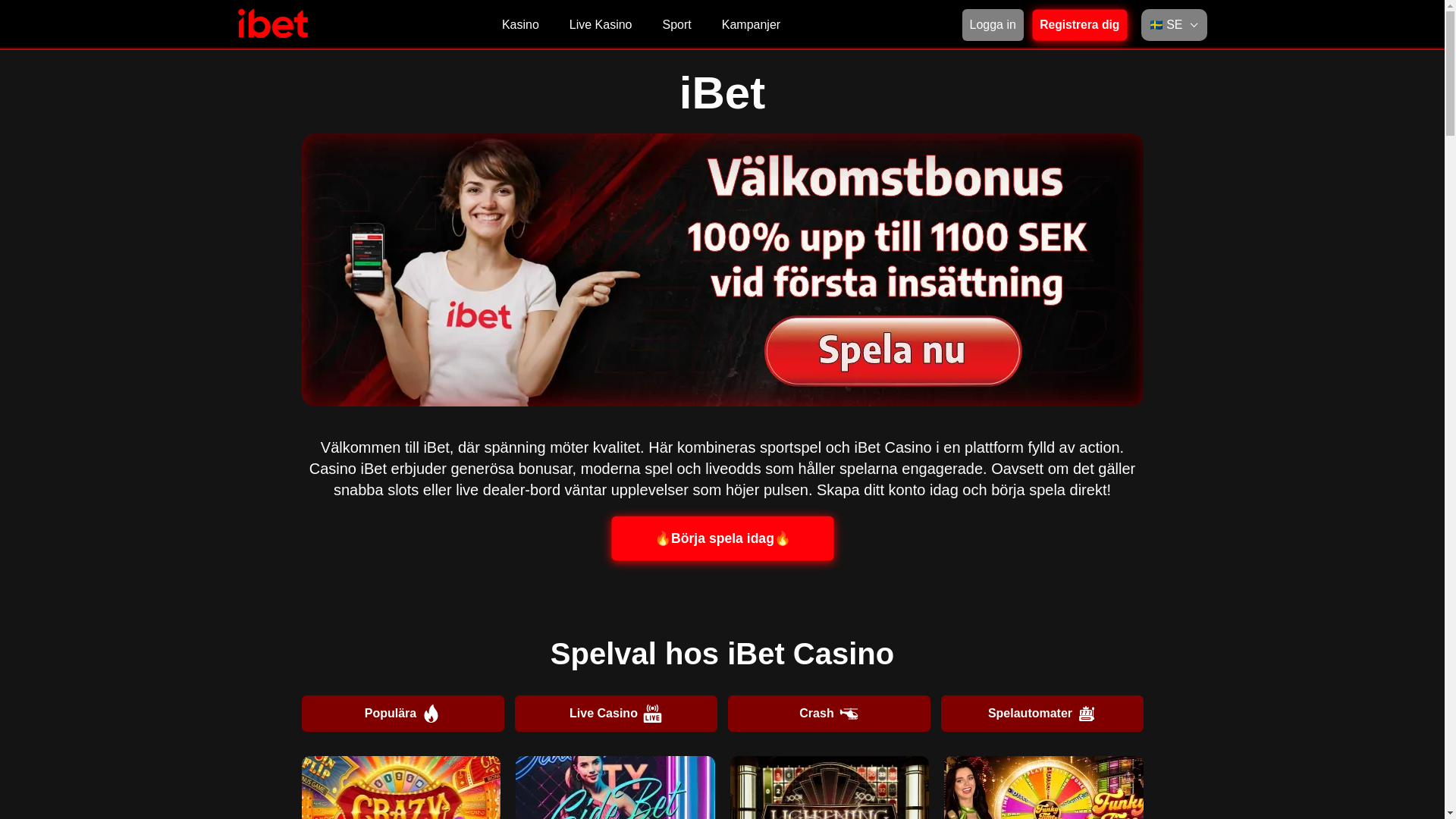 website screenshot of https://ibetcasino.se/