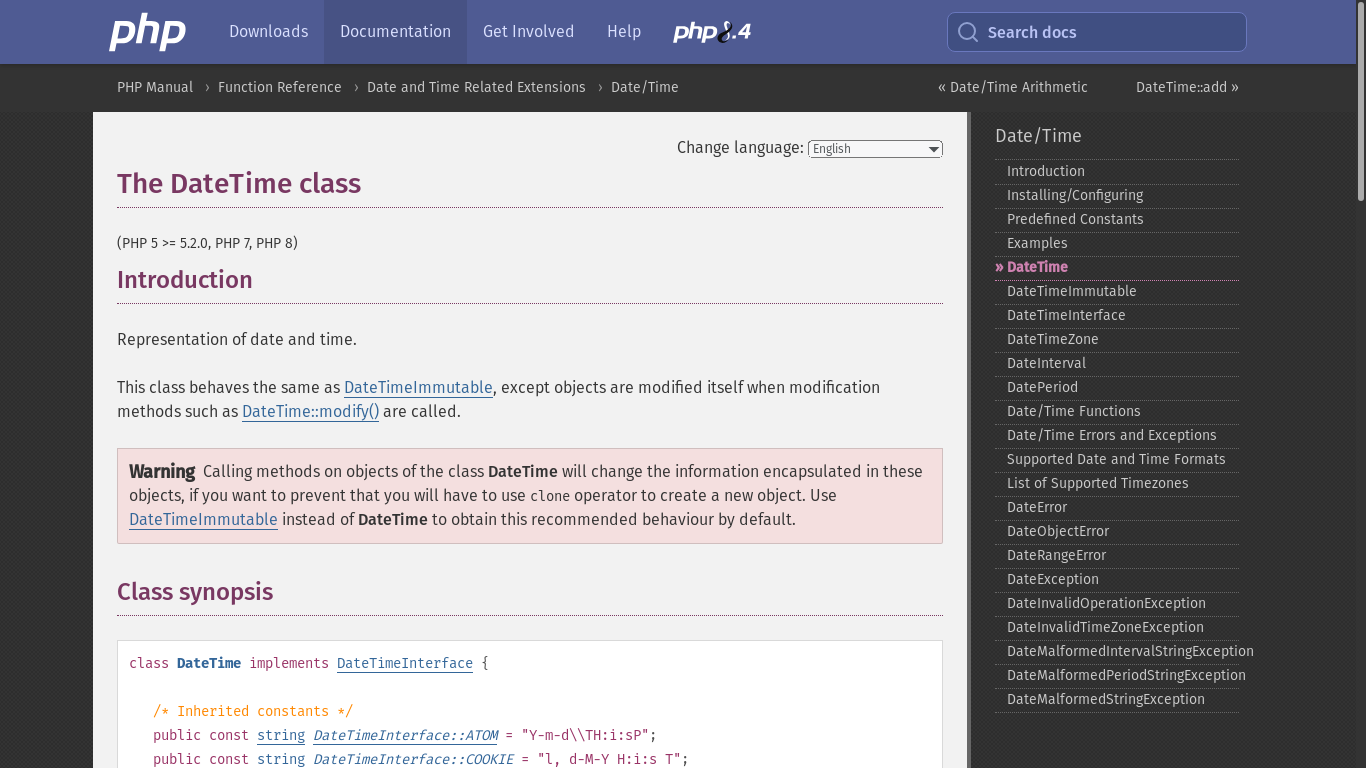 website screenshot of https://www.php.net/manual/en/class.datetime