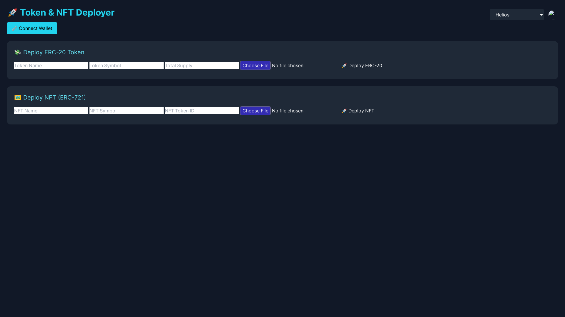 website screenshot of https://helios-deploy-token-and-nfts.pages.dev/