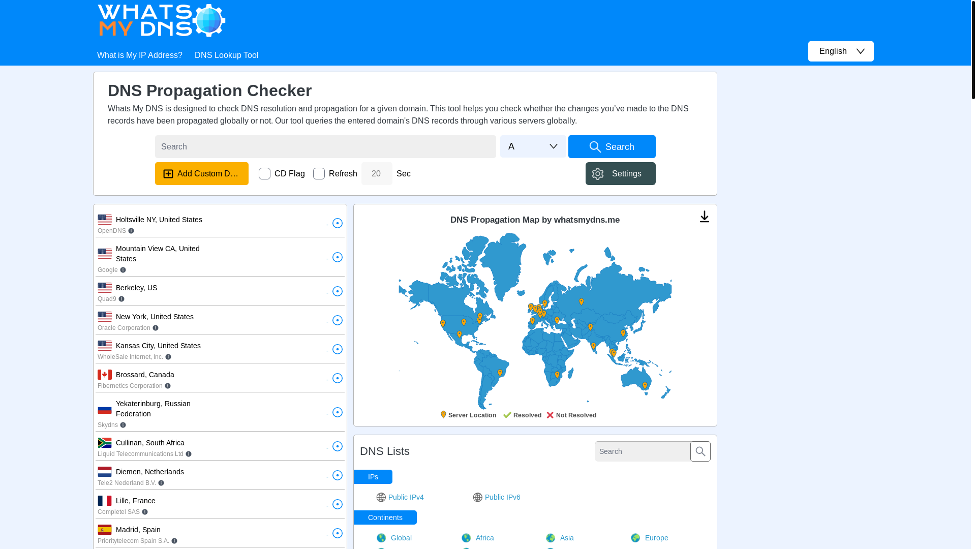 website screenshot of https://whatsmydns.me