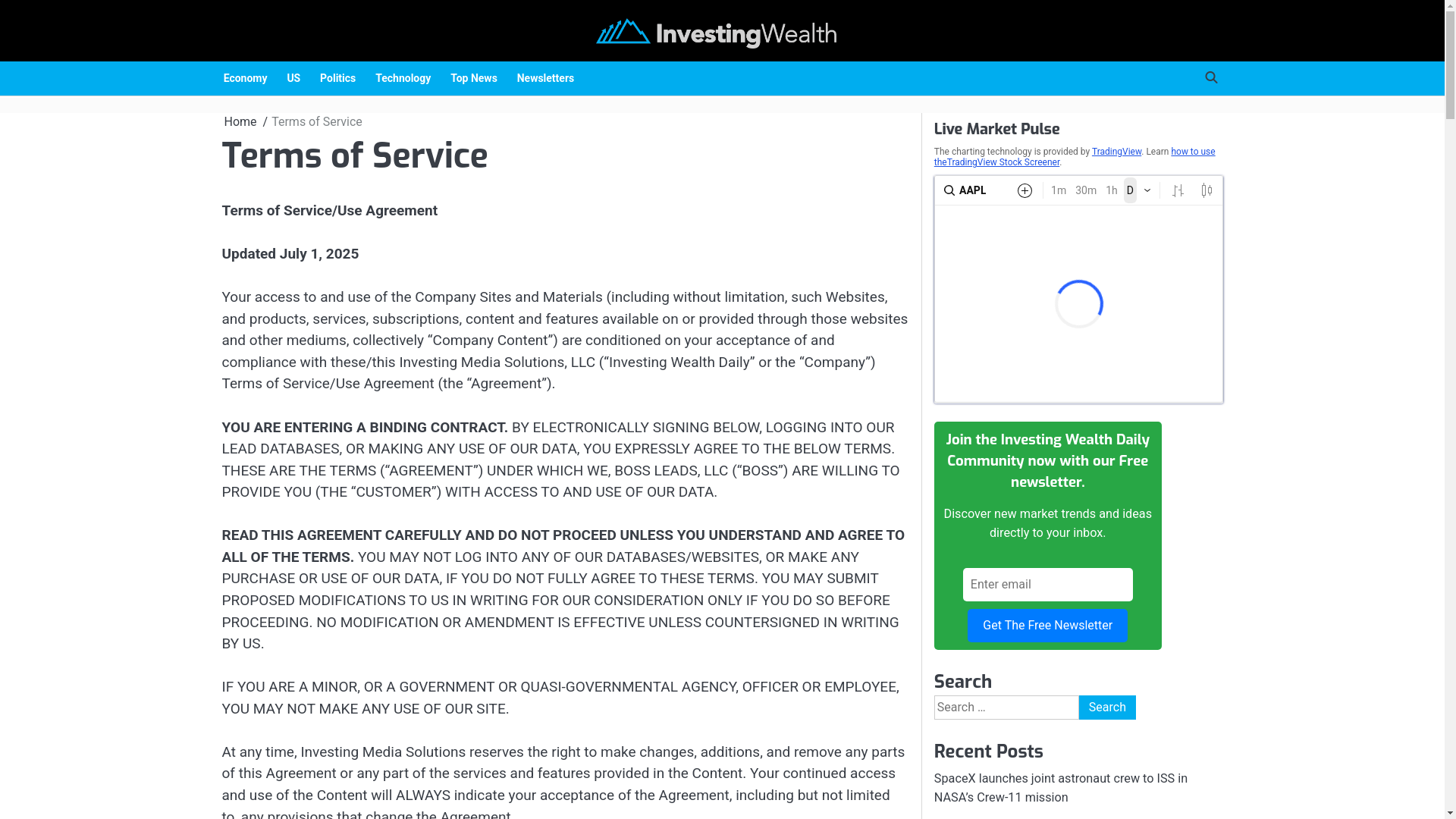 website screenshot of https://investingwealthdaily.com/terms-of-service/