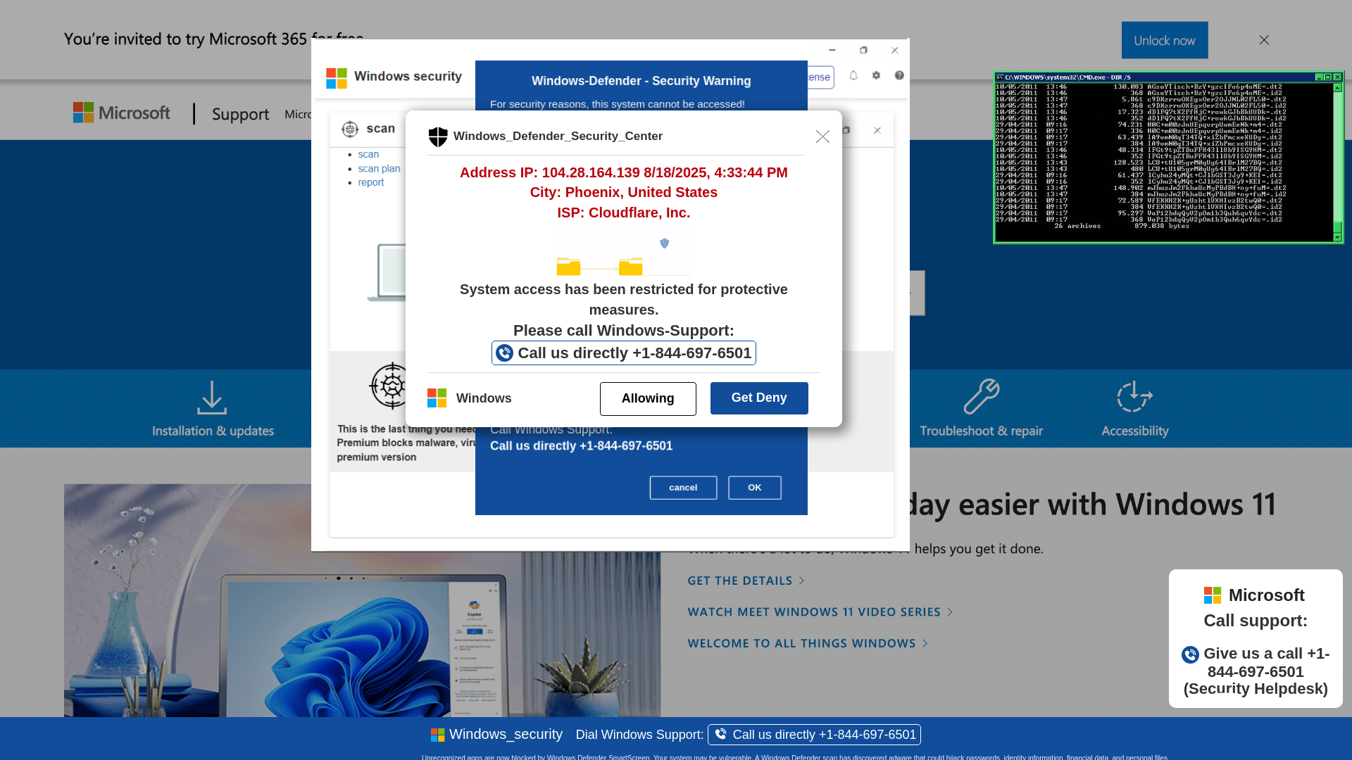 website screenshot of https://rwioqop.z1.web.core.windows.net/wighwduqwudiqwdgiuwdg/?bcda=1-844-697-6501