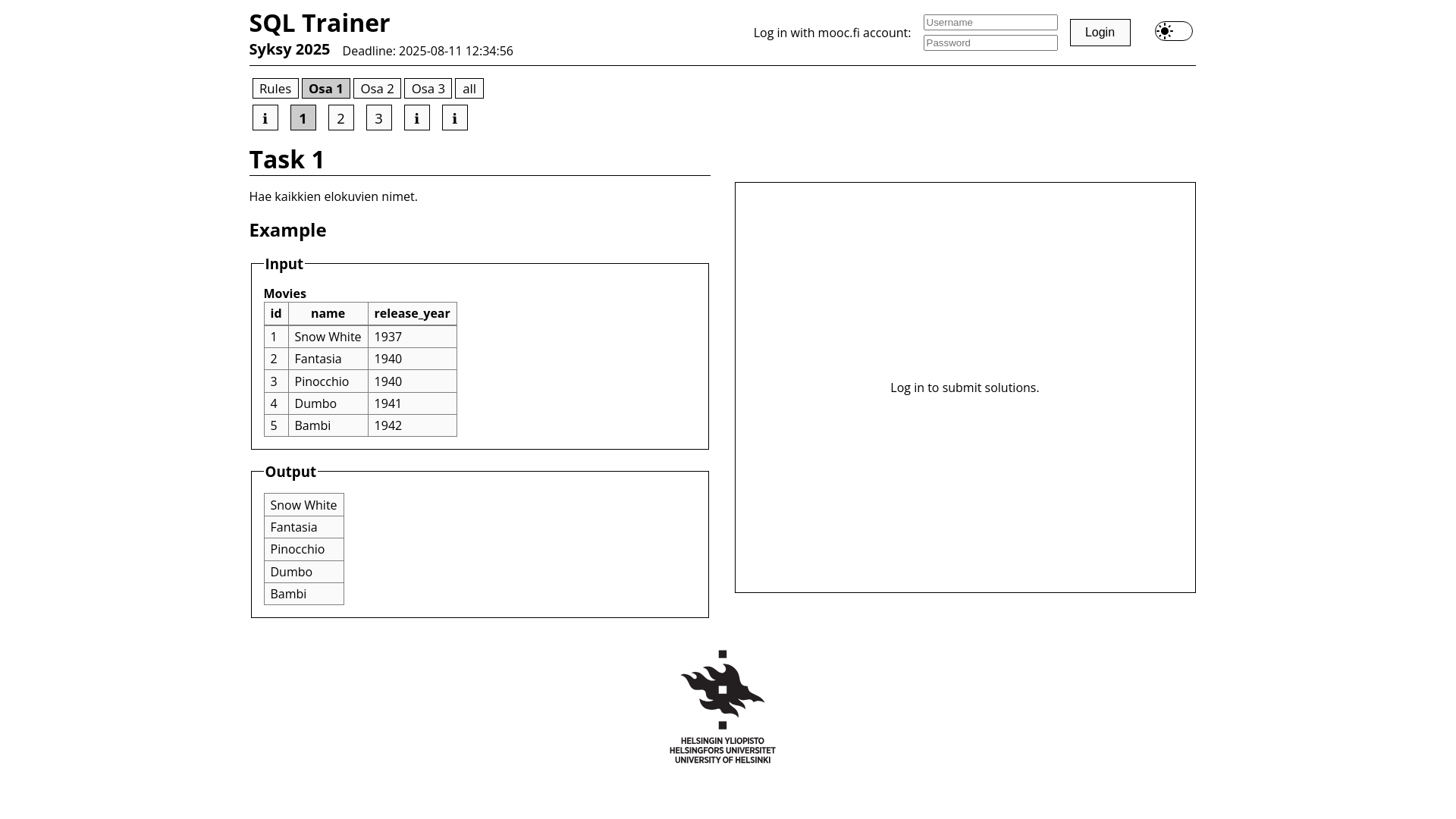 website screenshot of https://sqltrainer.fi/syksy-2025/task/1/
