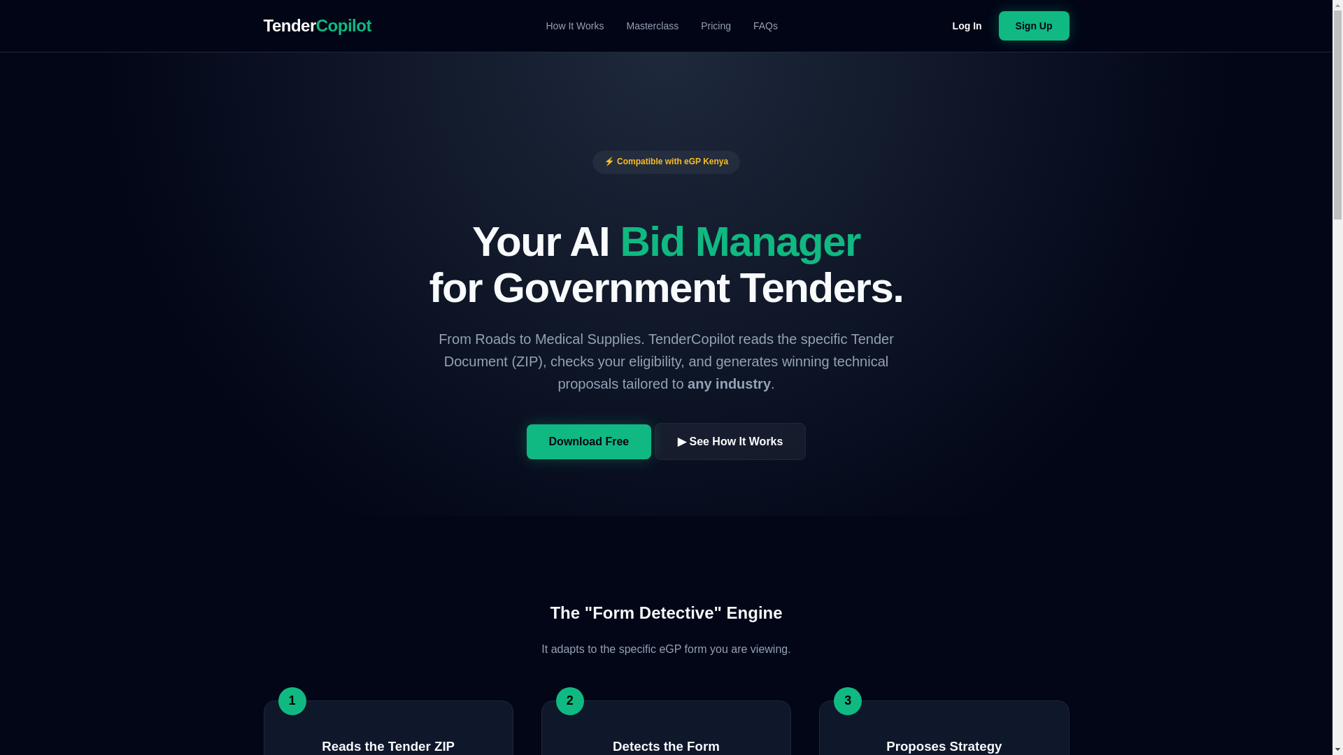 website screenshot of https://tendercopilot.co.ke/