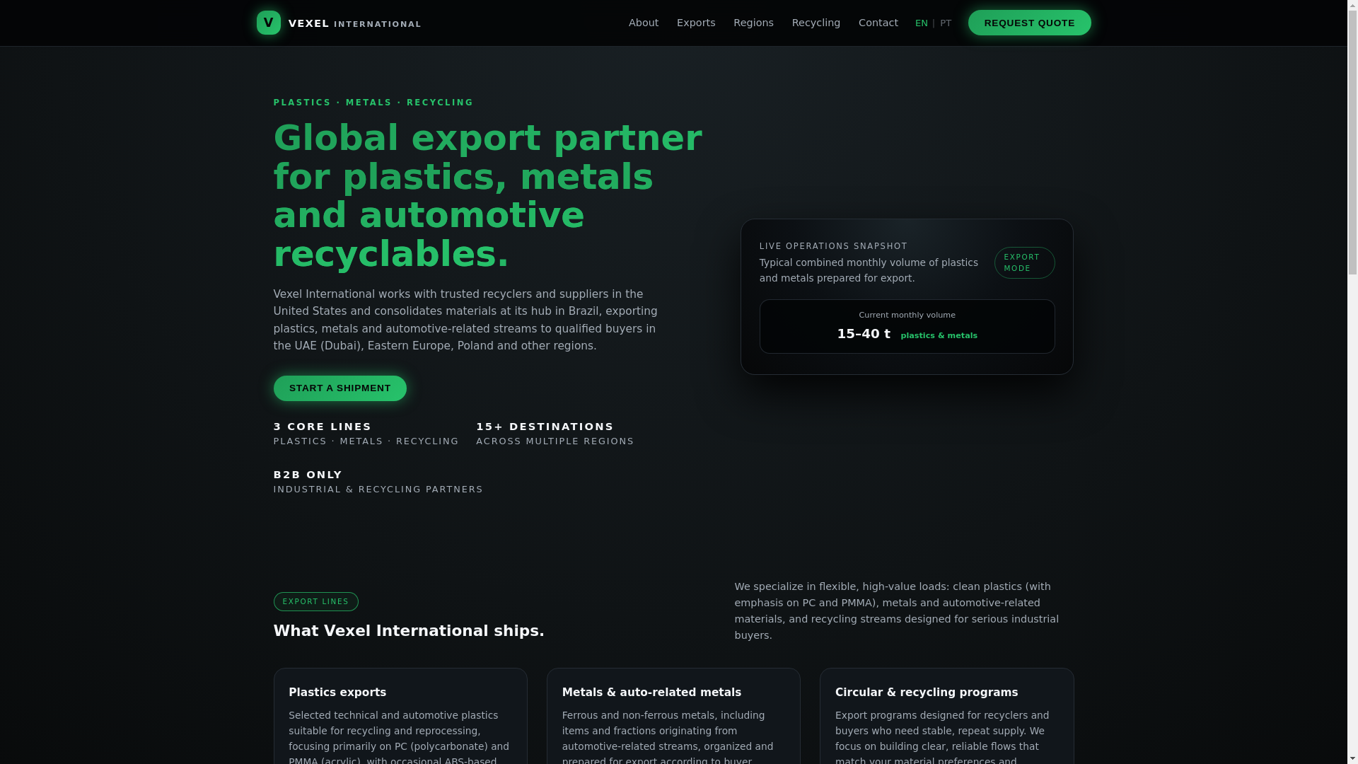 website screenshot of https://vexelintl.com/