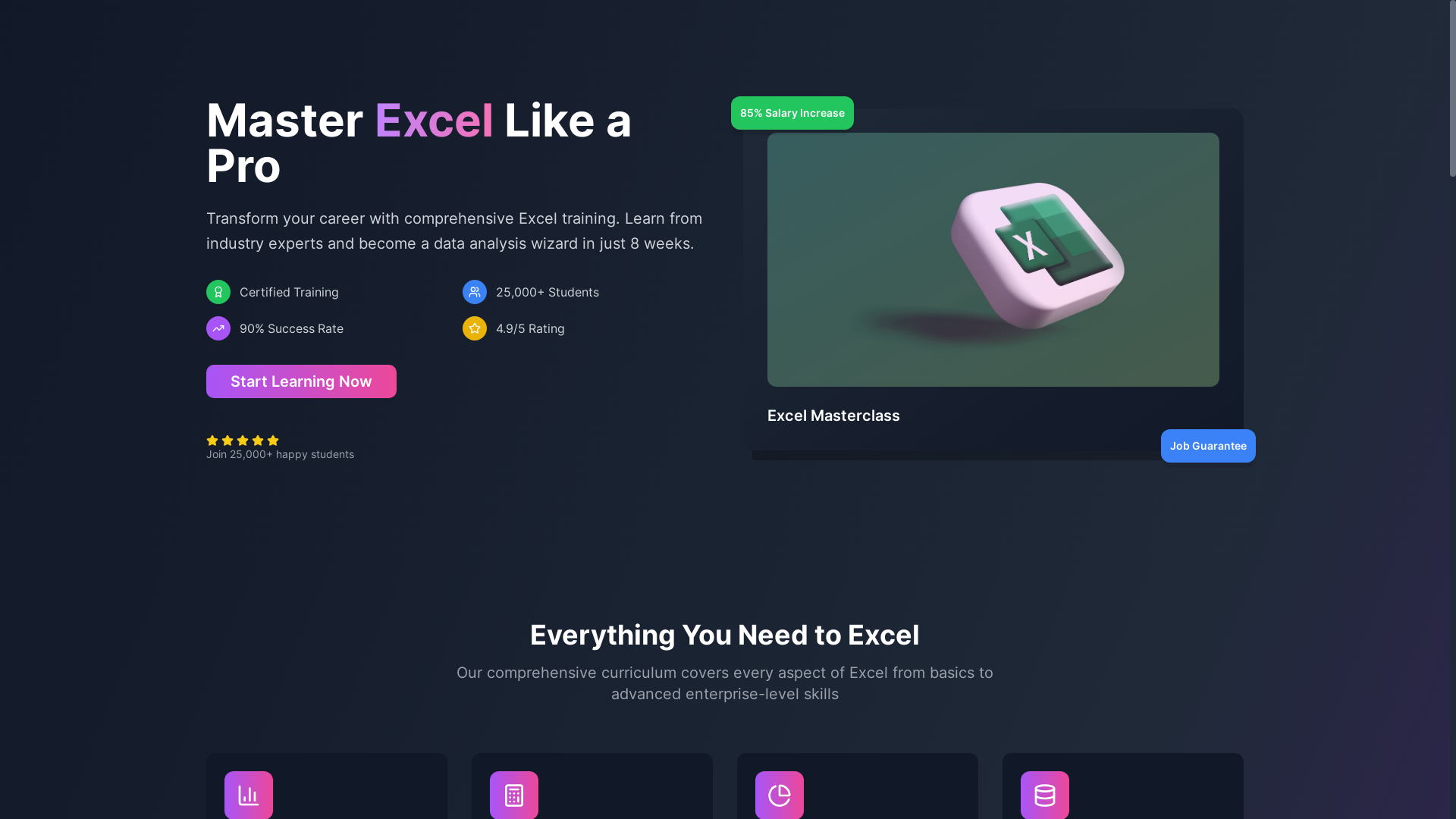 website screenshot of https://proexcelcourses.net/
