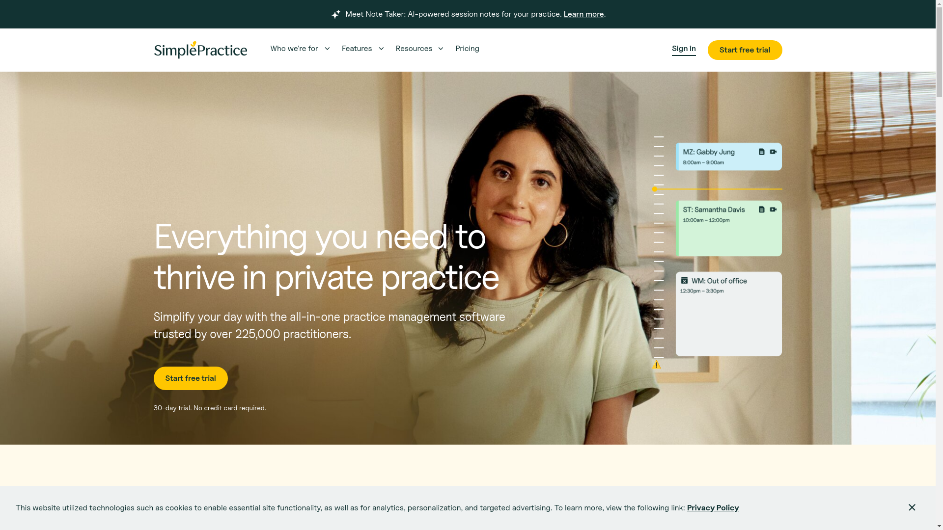 website screenshot of https://simplepractice.com