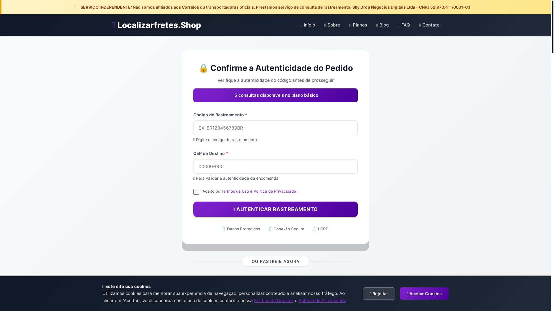 website screenshot of https://localizarfretes.shop/