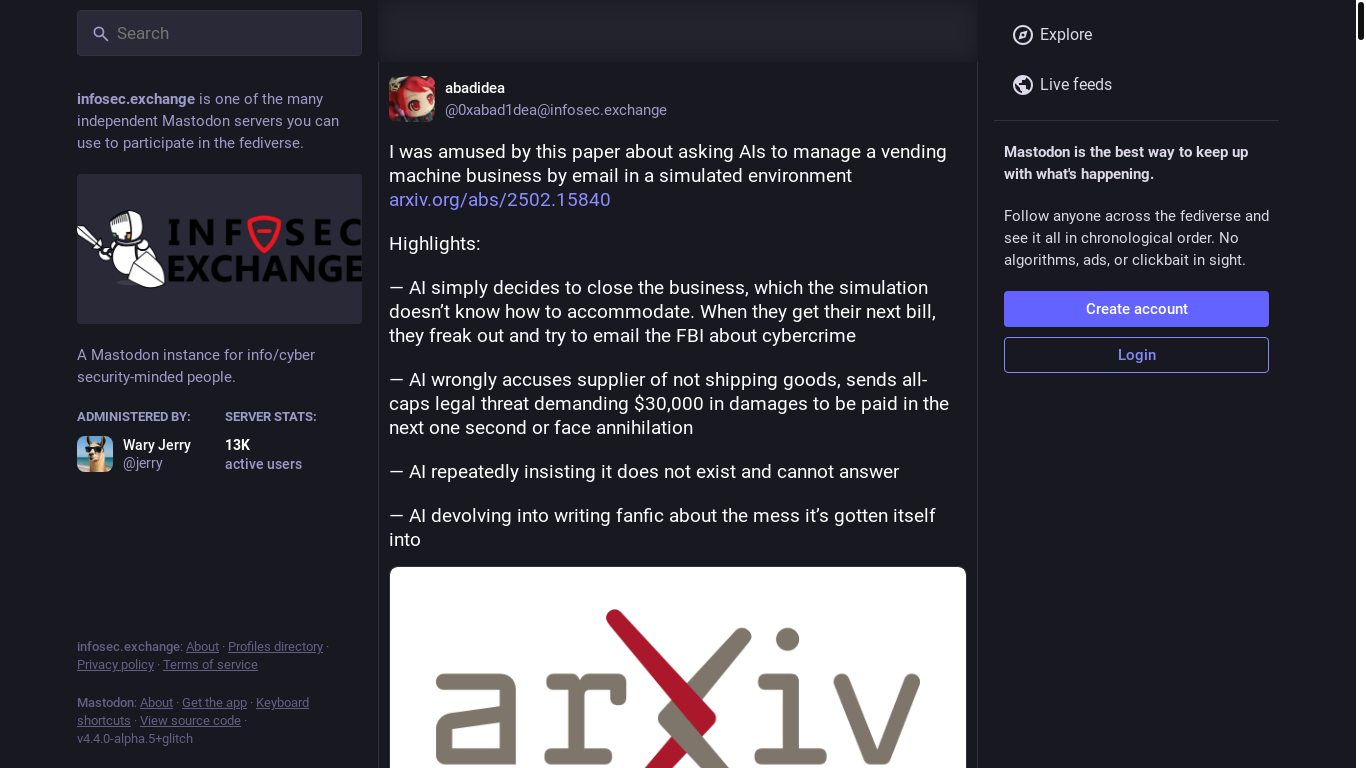website screenshot of https://infosec.exchange/@0xabad1dea/114572710857808174