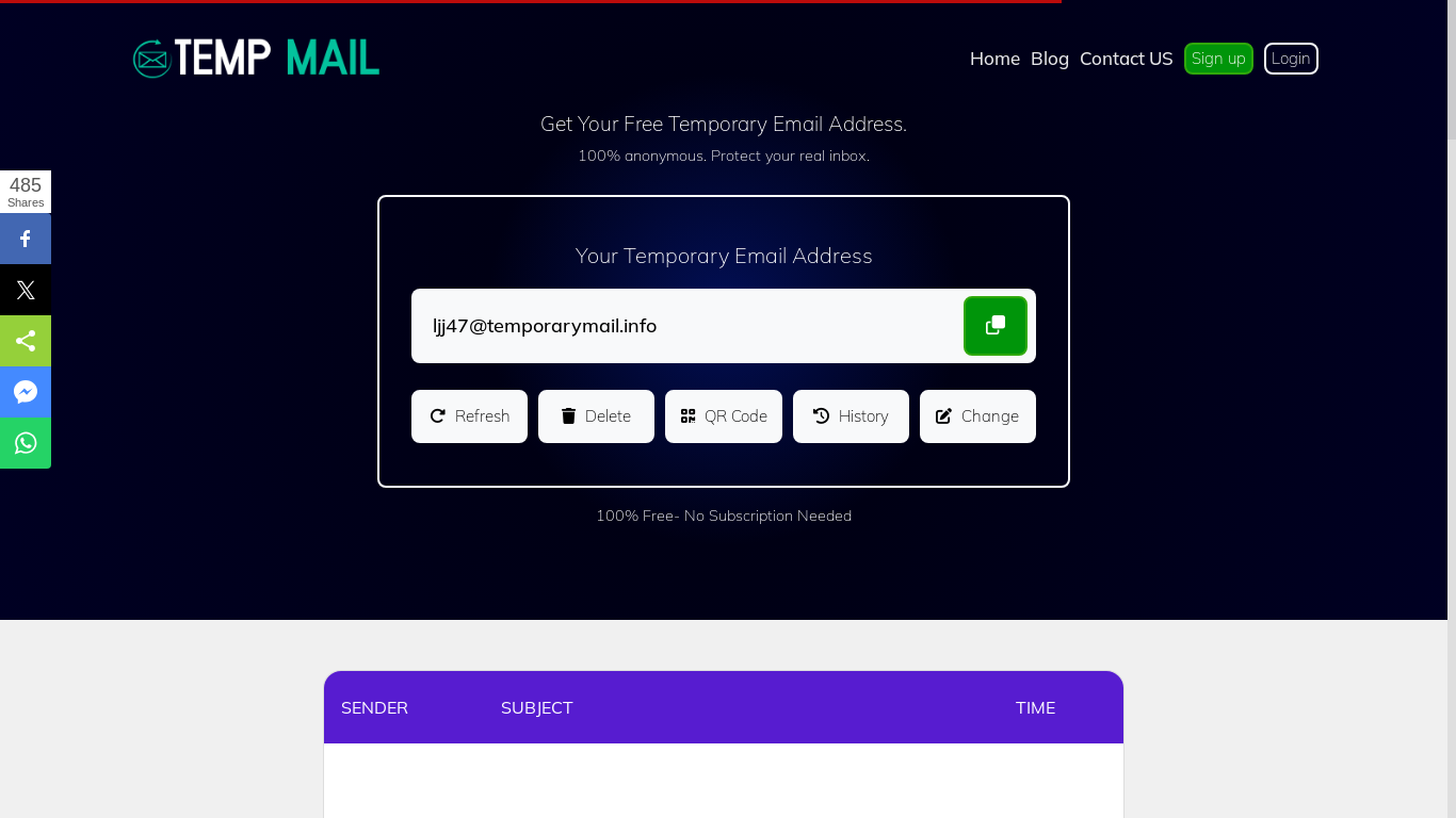 website screenshot of https://temporarymail.info/