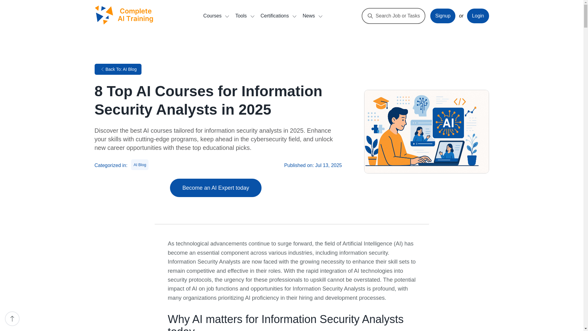 website screenshot of https://completeaitraining.com/blog/8-top-ai-courses-for-information-security-analysts-in-2025/
