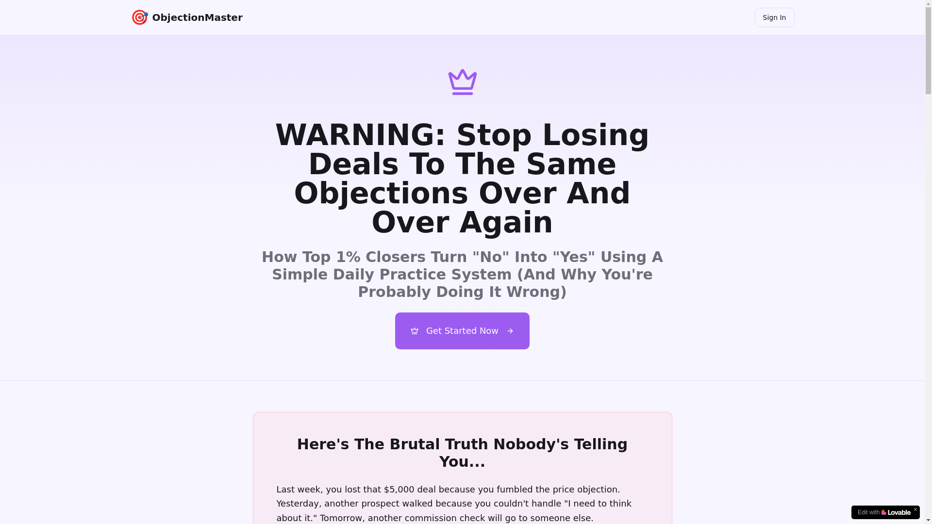 website screenshot of https://objectionmastery.ai/