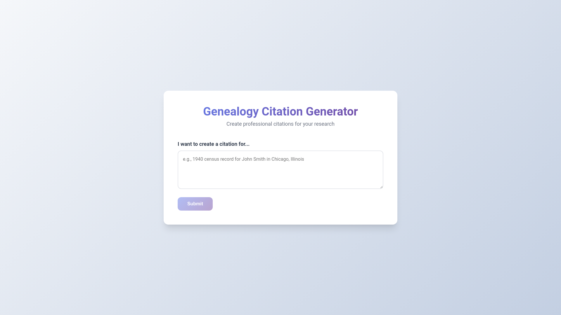 website screenshot of https://genealogycitations.ai/