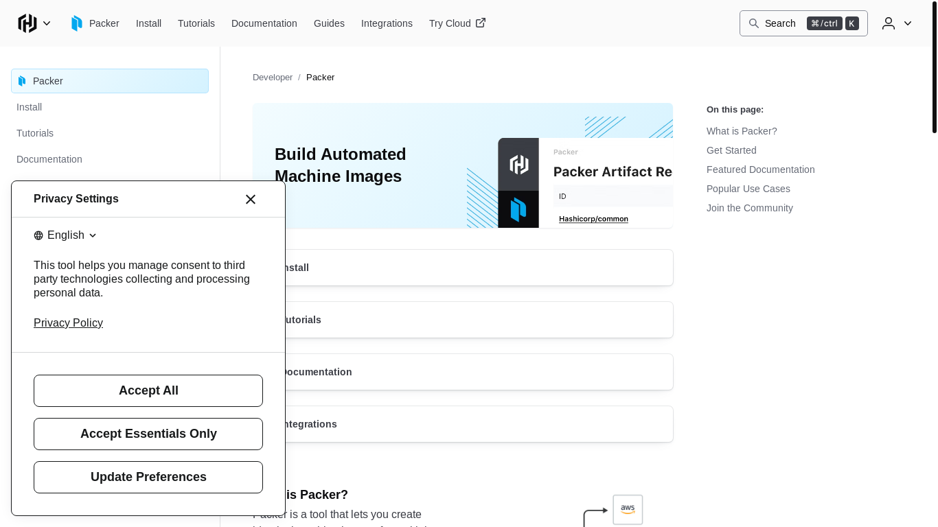 website screenshot of https://www.packer.io