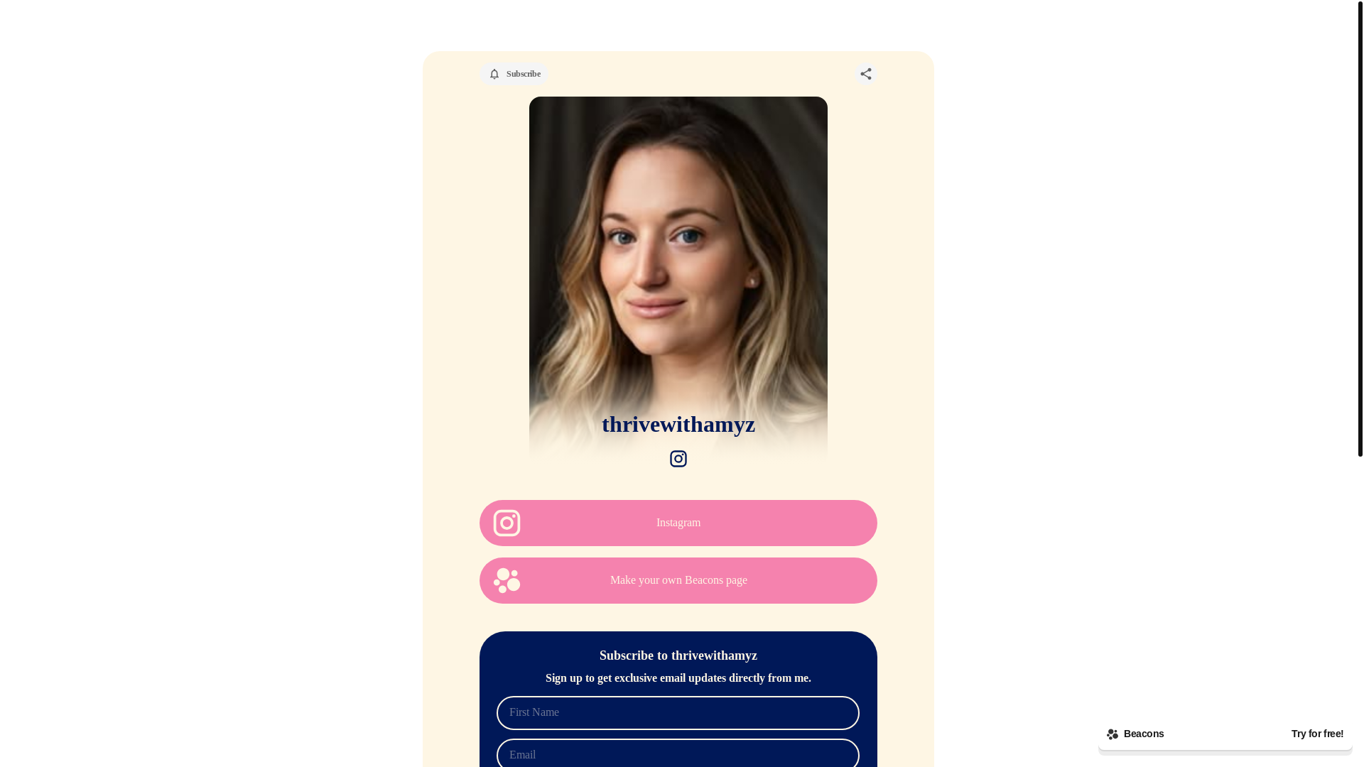 website screenshot of https://thrivewithamyz.com/