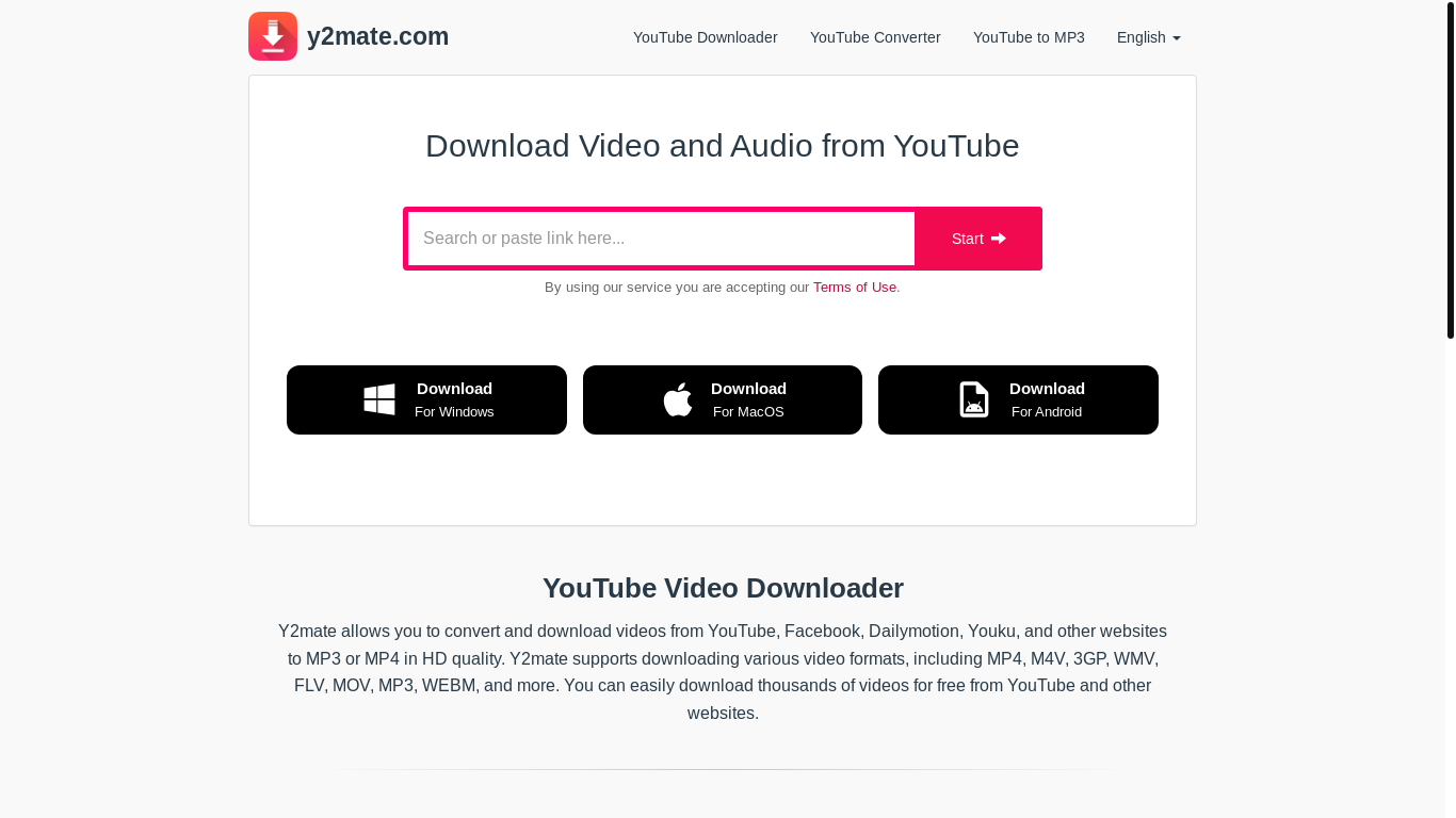 website screenshot of https://y2mate.com/