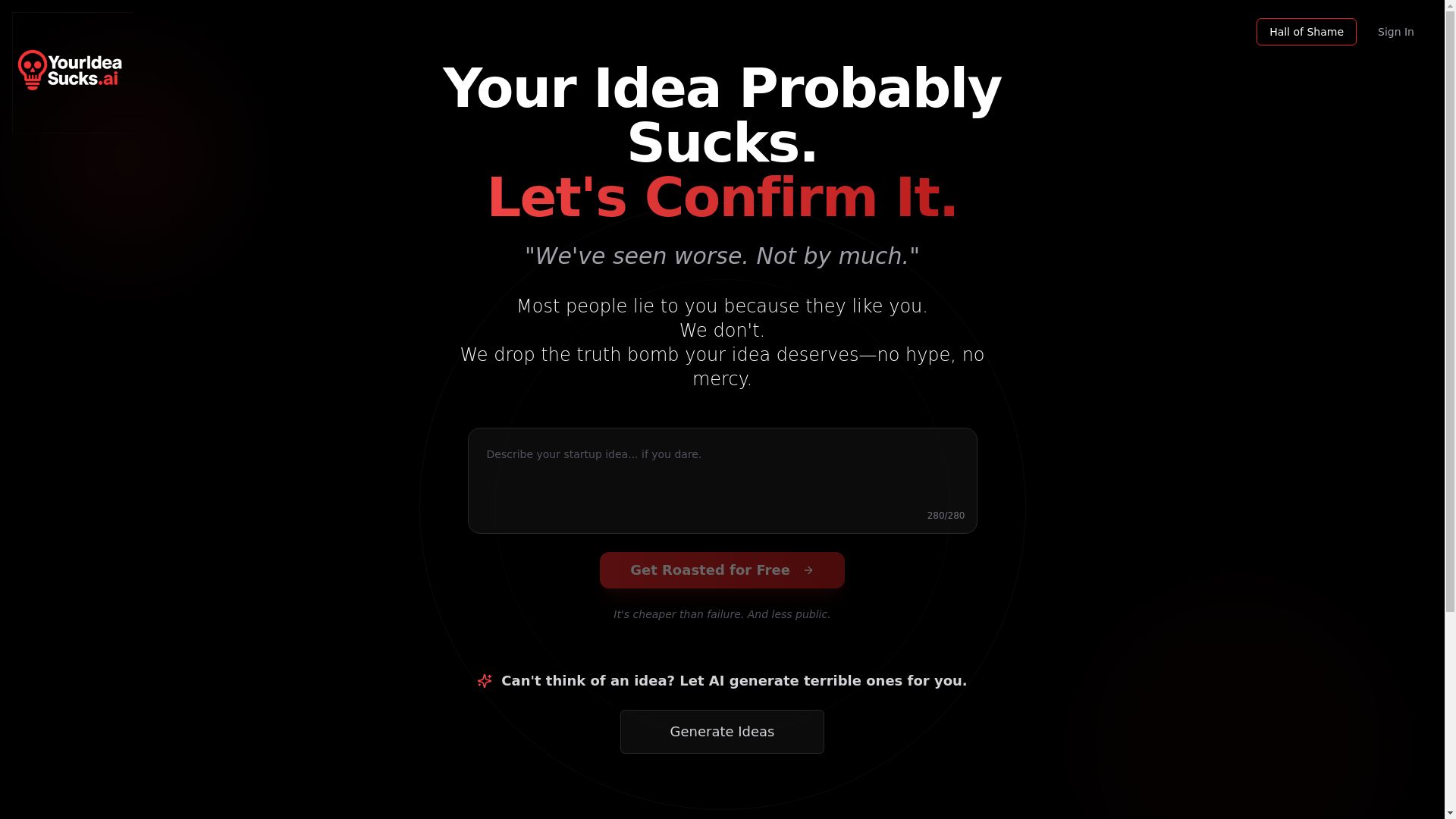 website screenshot of https://yourideasucks.ai/