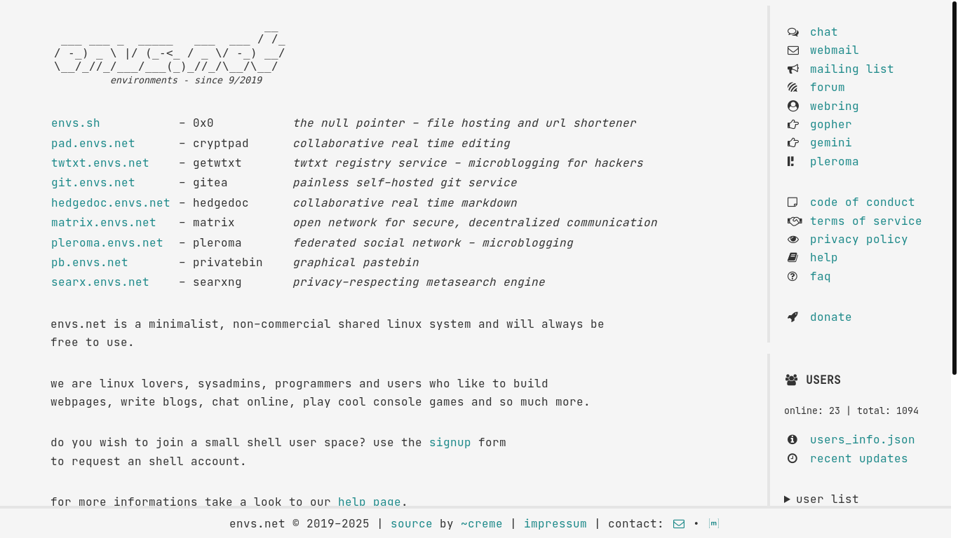 website screenshot of https://envs.net