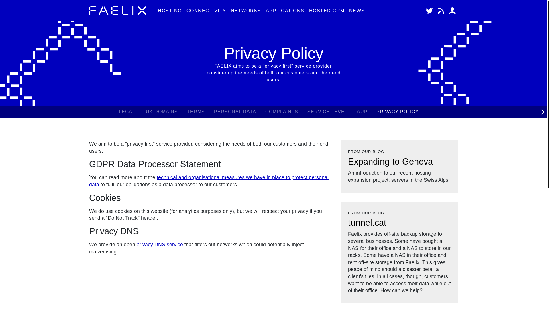 website screenshot of https://faelix.net/privacy/