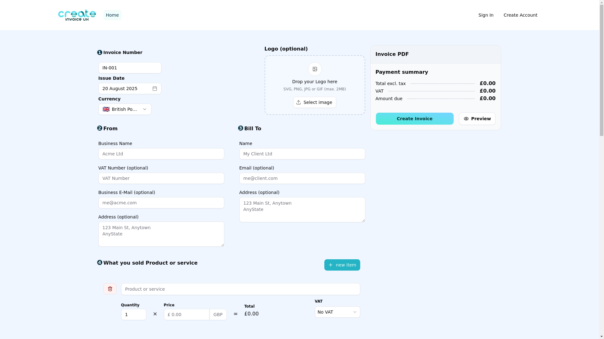 website screenshot of https://createinvoice.co.uk/