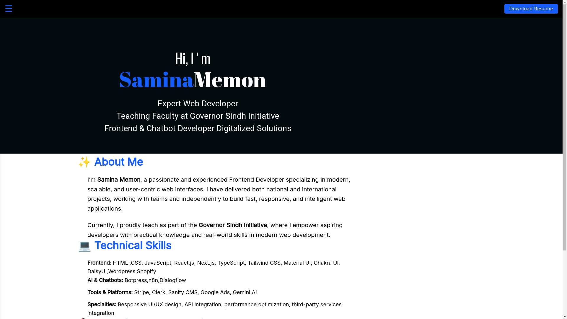 website screenshot of https://saminamemon.com/