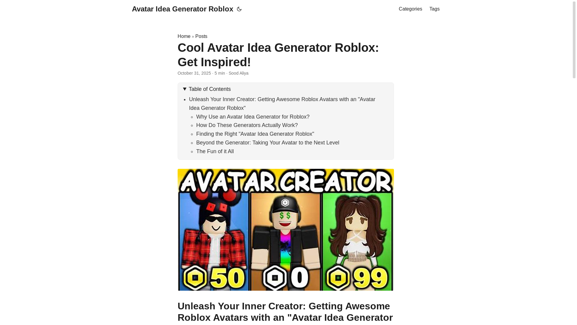 website screenshot of https://avatar-idea-generator-roblox.pages.dev/