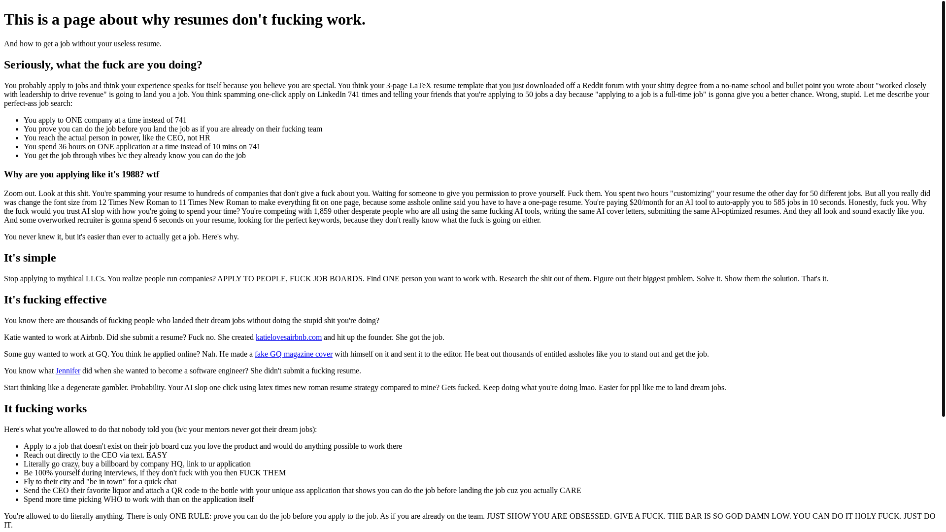 website screenshot of https://resumesdontfuckingwork.com/