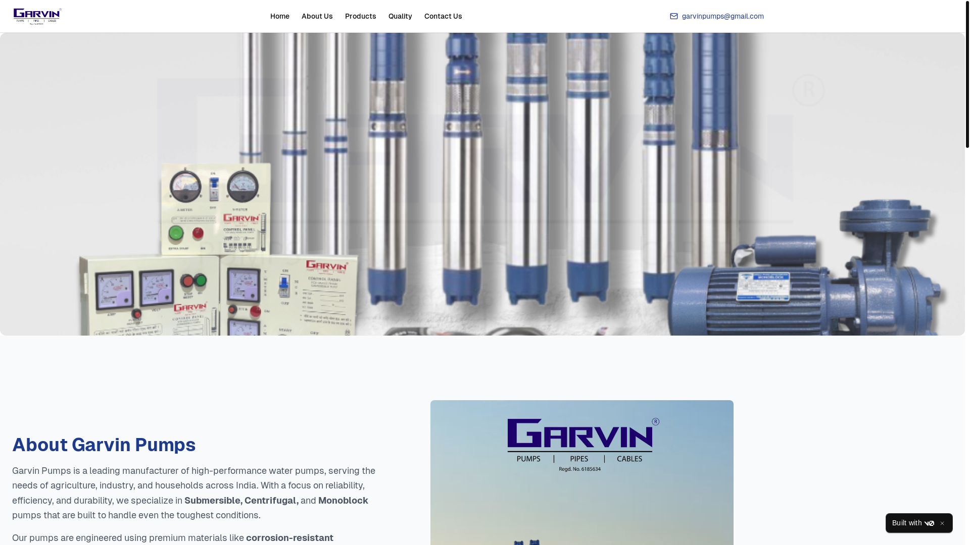 website screenshot of https://garvinpumps.in/