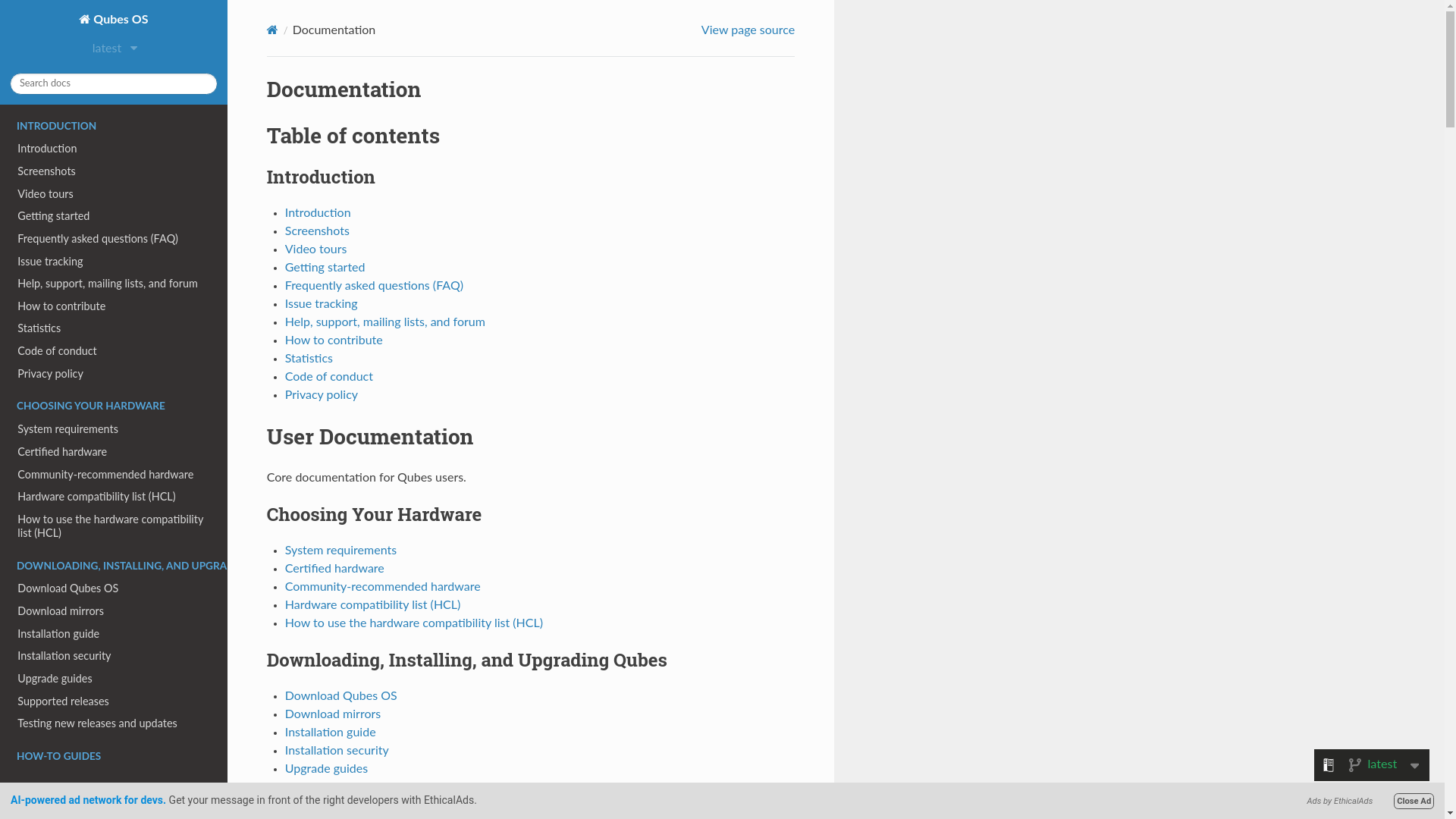 website screenshot of https://doc.qubes-os.org/en/latest/