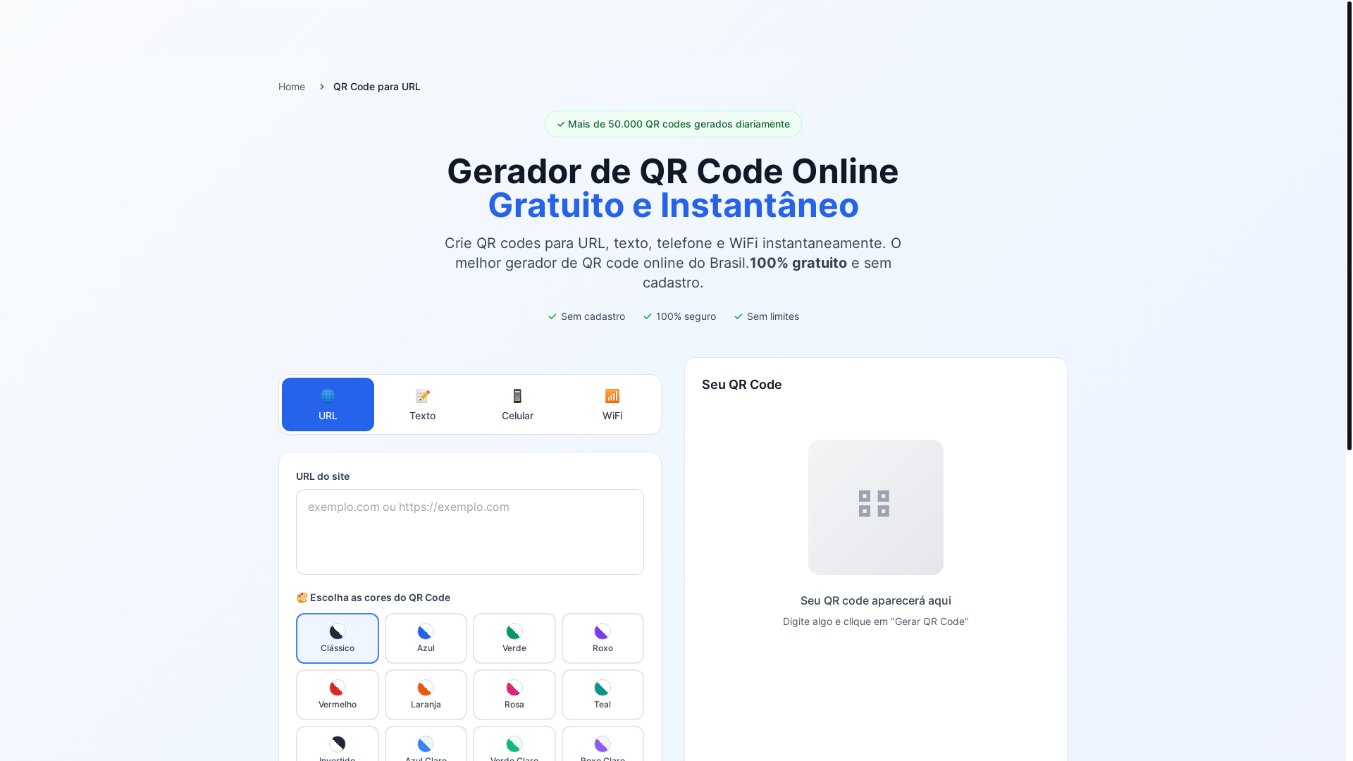 website screenshot of https://gerarqrcodes.com.br/