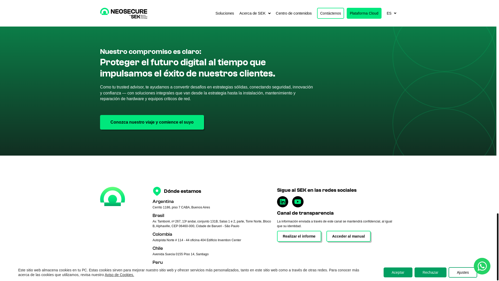 website screenshot of https://sek.io/es/neosecure-by-sek/