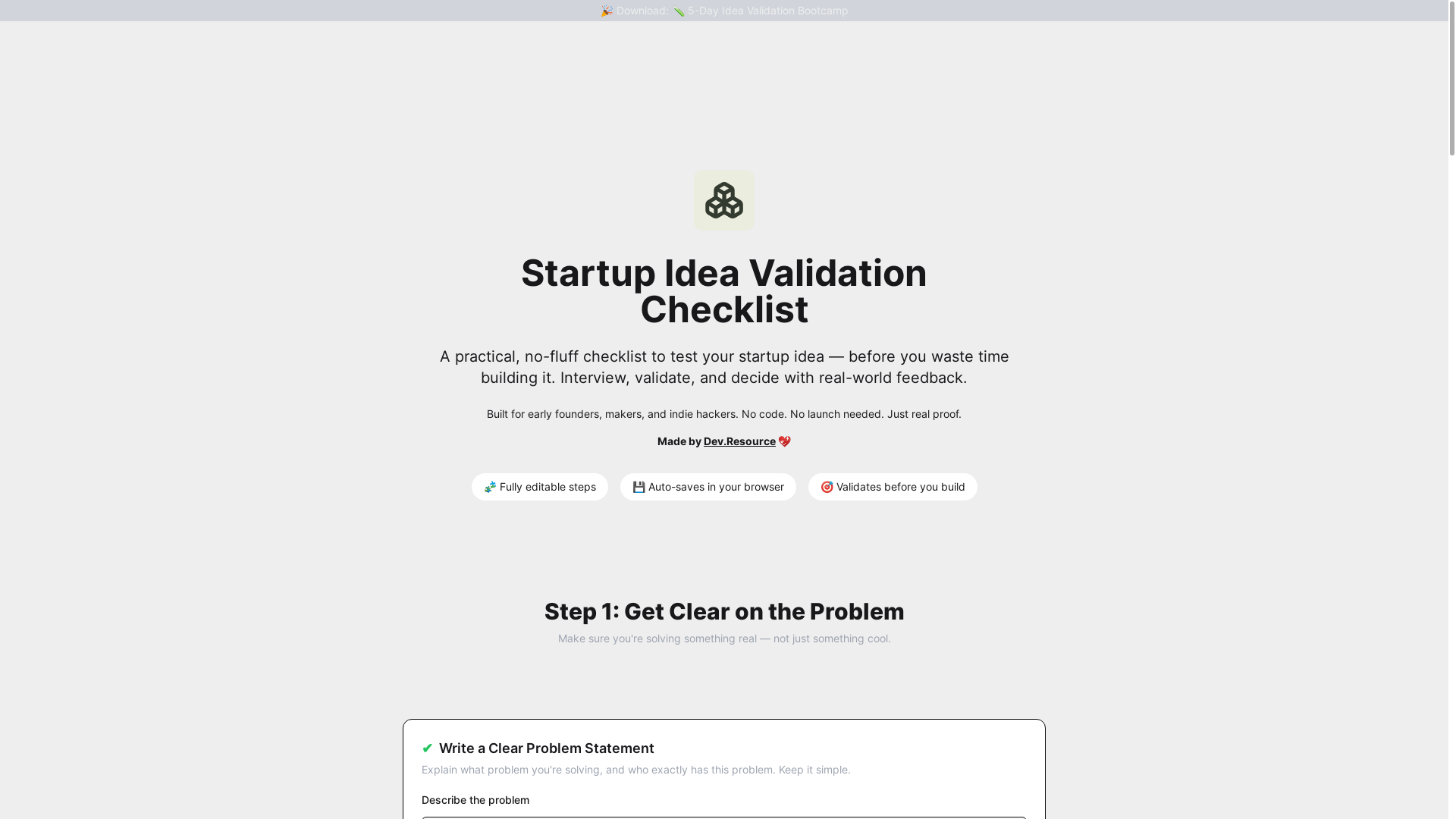 website screenshot of https://dev-resources-startup-idea-validation-checklist.pages.dev/
