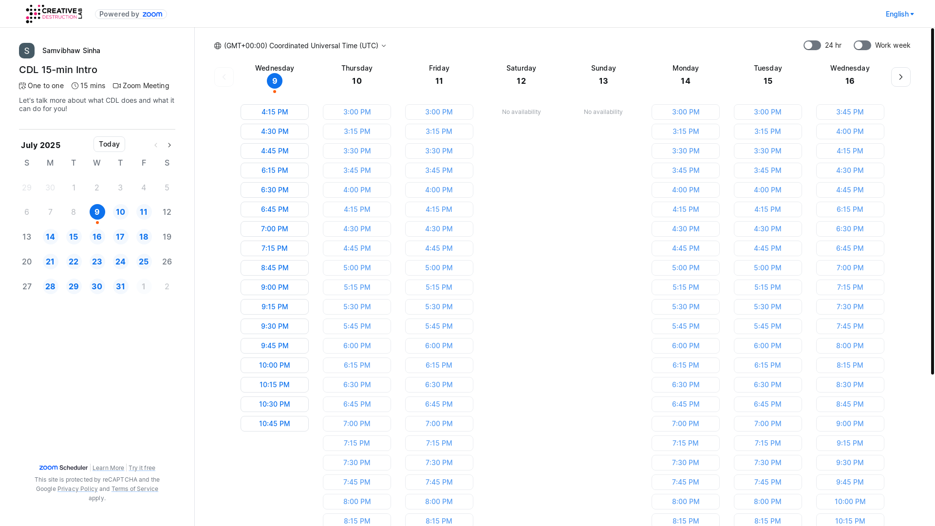 website screenshot of https://scheduler.zoom.us/cdl-samvibhaw-sinha/cdl