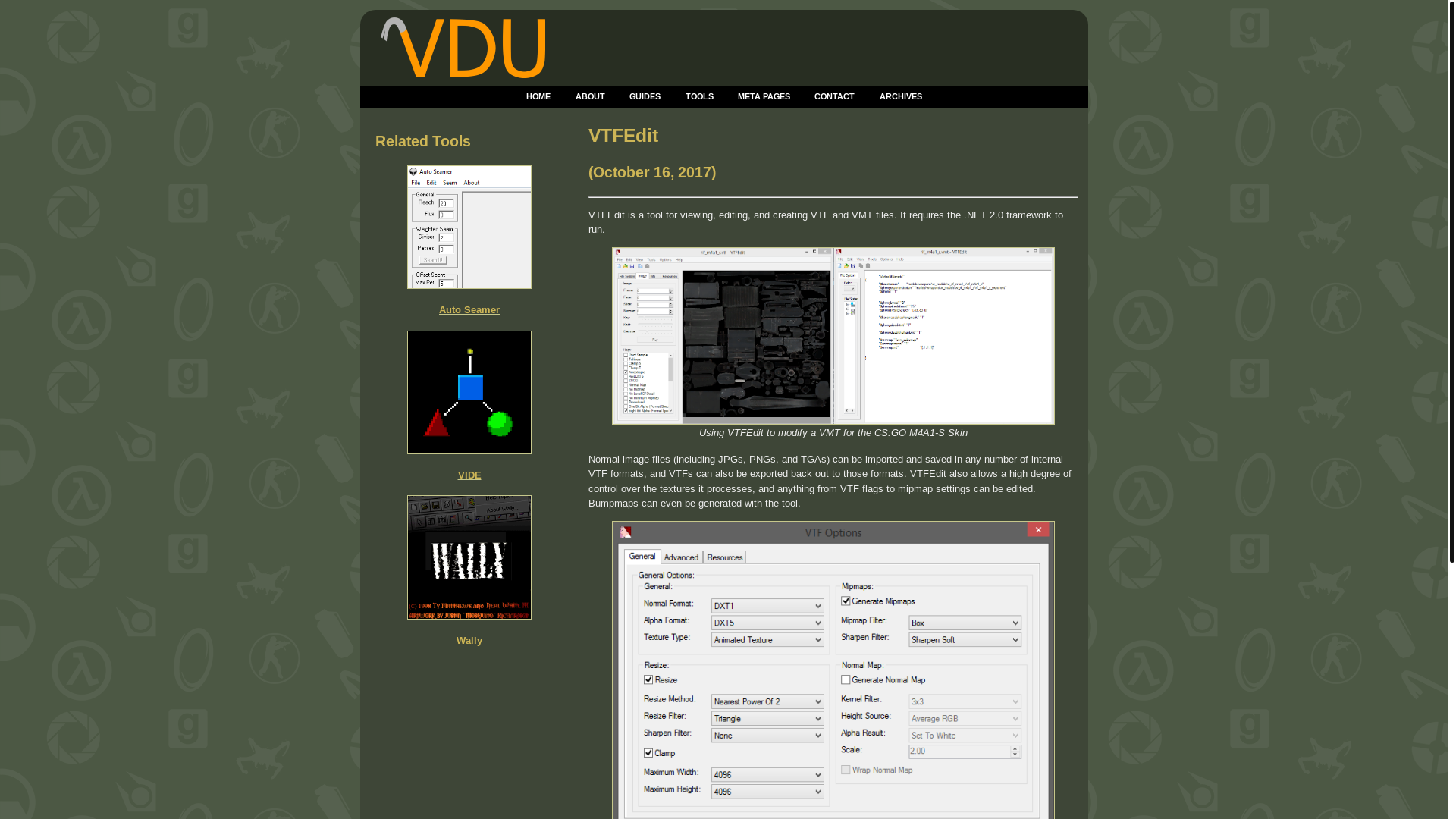 website screenshot of https://valvedev.info/tools/vtfedit/