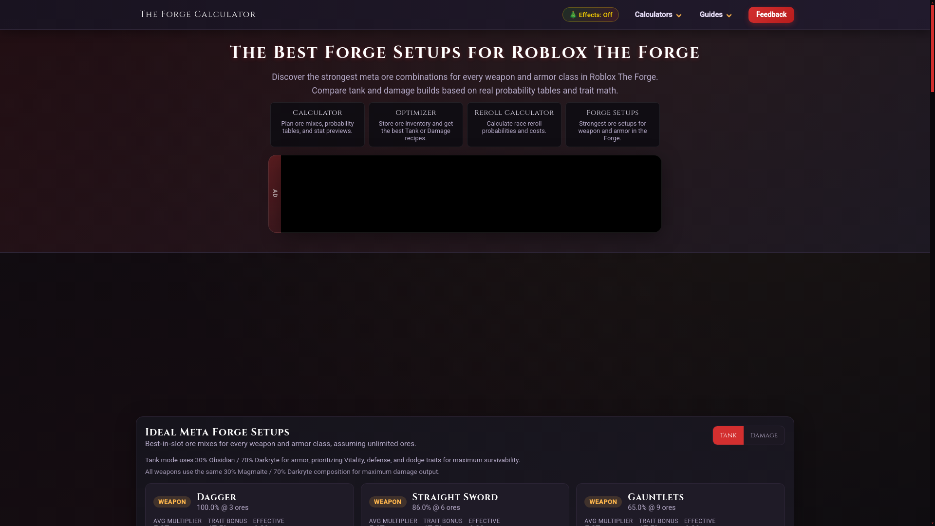 website screenshot of https://www.bing.com/ck/a?!&&p=8a92aa68c4fd2b71453c4ee7b0a66551072249ea1267919616a7570c0be15487JmltdHM9MTc2NjYyMDgwMA&ptn=3&ver=2&hsh=4&fclid=14987bea-9bf8-6142-1a8e-6dba9a866013&psq=best+forging+strategy+in+The+Forge&u=a1aHR0cHM6Ly90aGVmb3JnZWNhbGN1bGF0b3Iub3JnL2Jlc3QtZm9yZ2Utc2V0dXBz