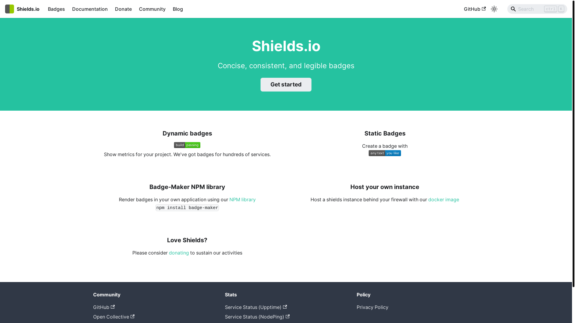 website screenshot of https://shields.io