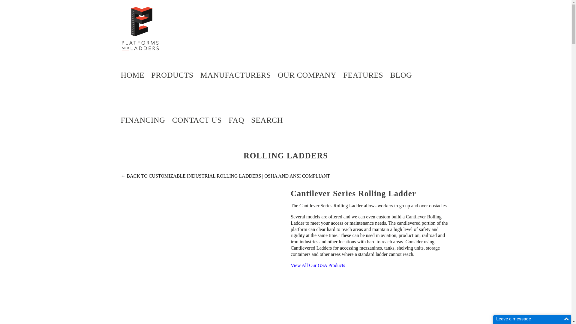 website screenshot of https://www.platformsandladders.com/rolling-ladders/cantilever-series