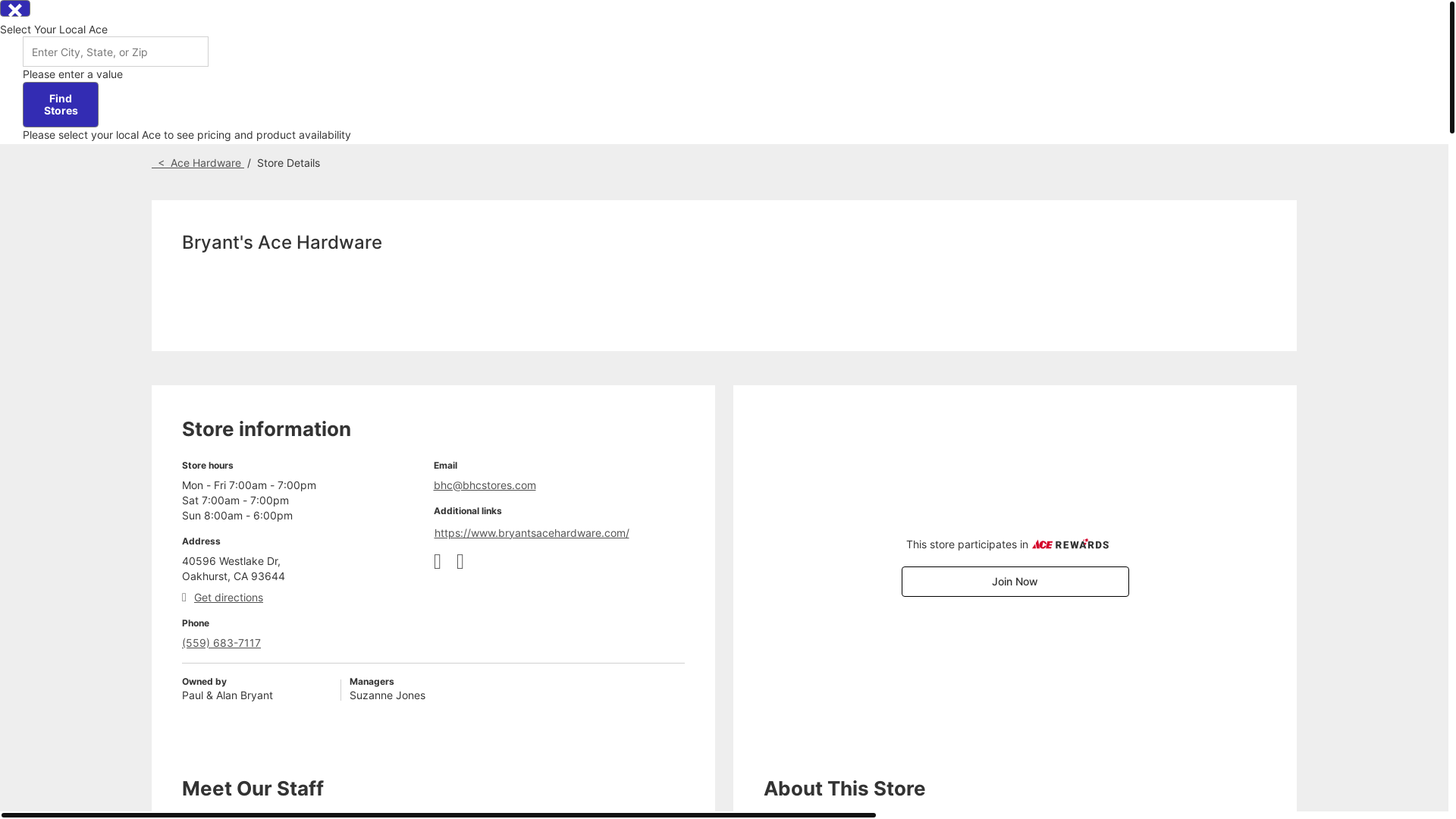 website screenshot of https://bryantsacehardware.com