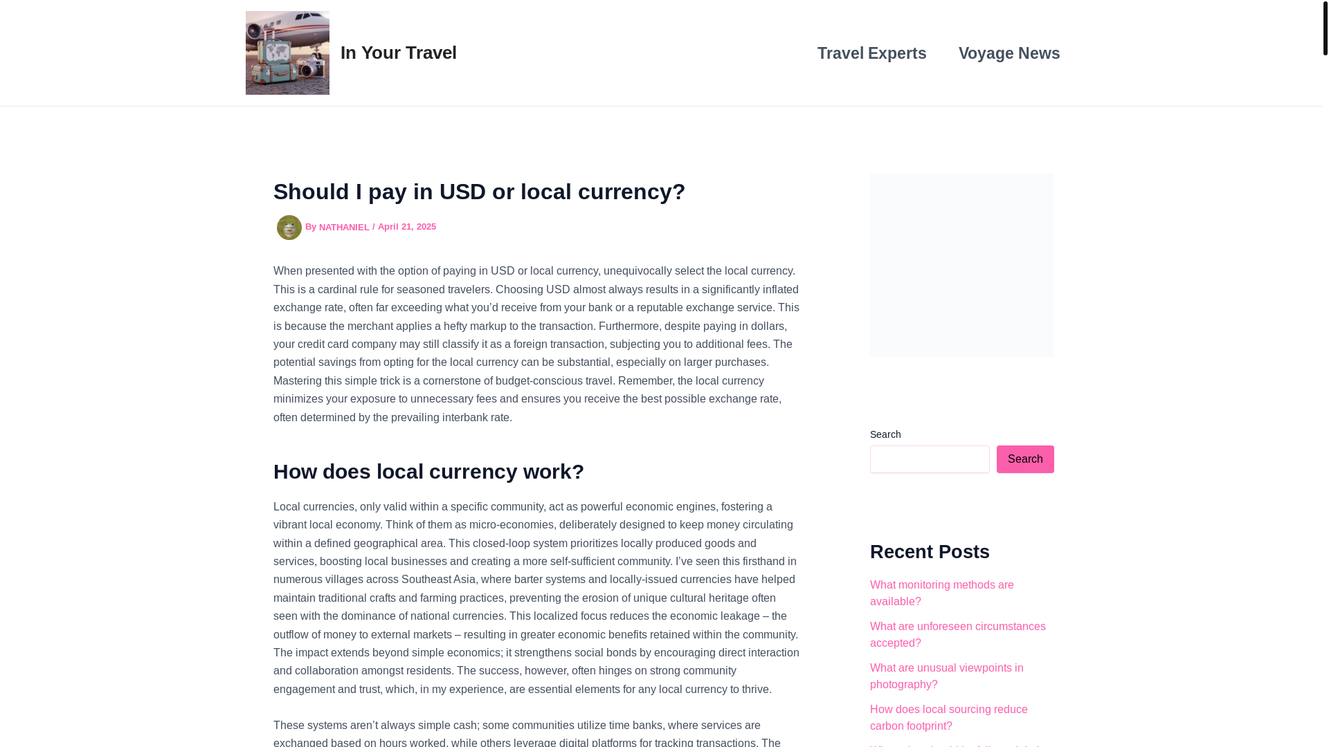 website screenshot of https://inyourtravel.com/should-i-pay-in-usd-or-local-currency/