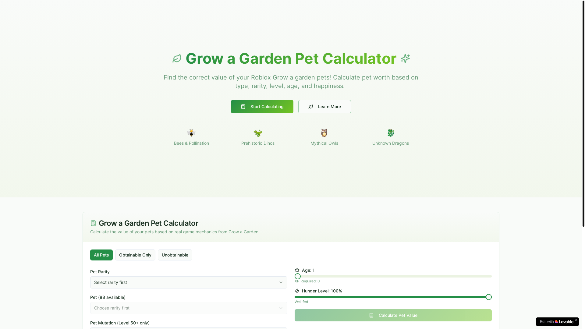 website screenshot of https://growagardenpetcalculator.com/